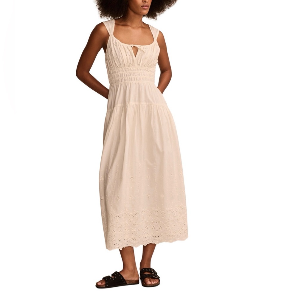 🎒LUCKY BRAND Light Cream Eyelet Midi Dress with Smocked Back size L GUC - Picture 2 of 16